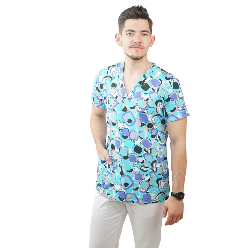 Bluza medicala imprimata Lotus 1, guler asimetric, Geometry Fun