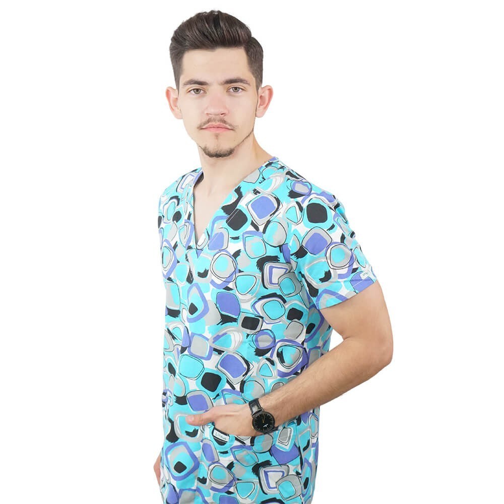 Bluza medicala imprimata Lotus 1, guler asimetric, Geometry Fun