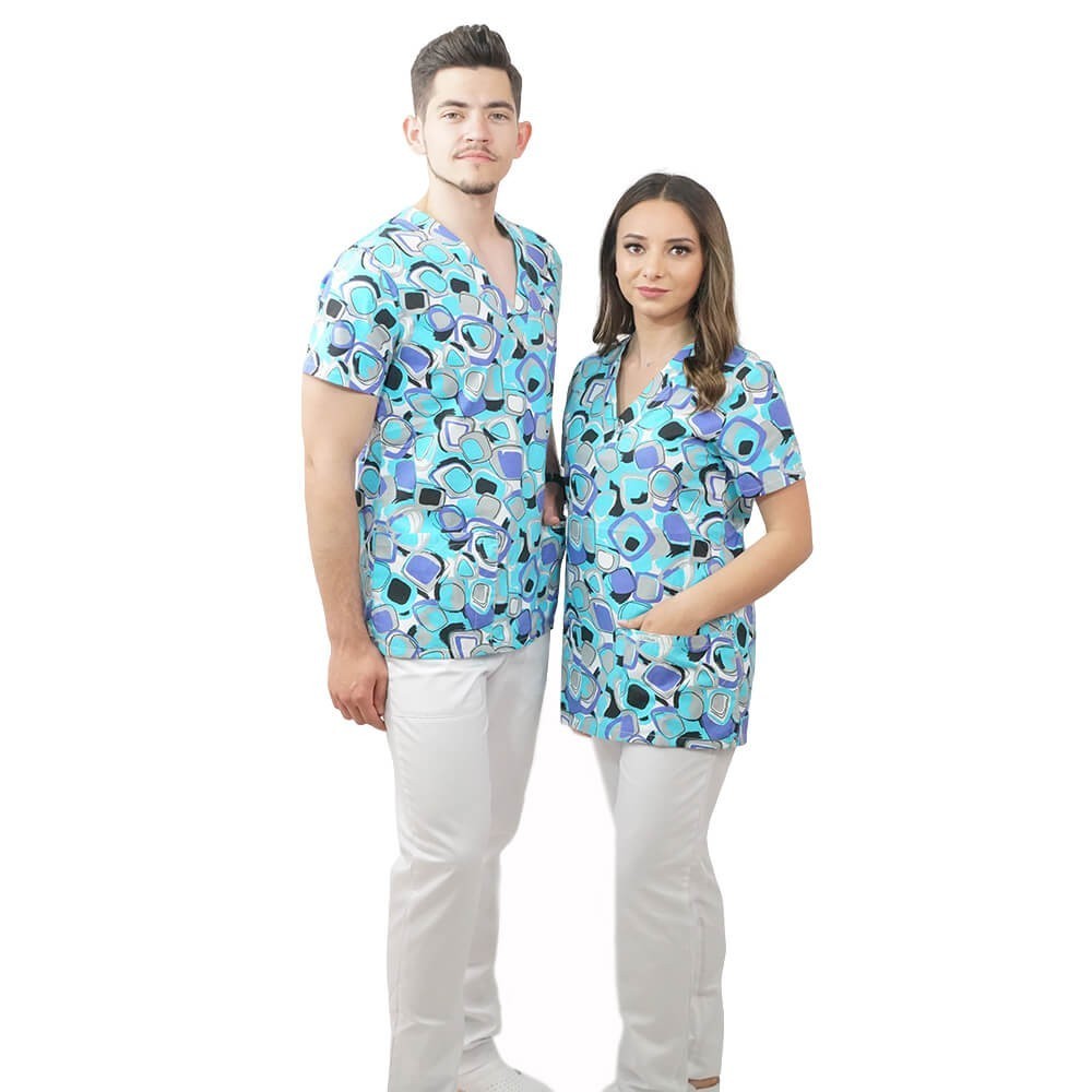 Bluza medicala imprimata Lotus 1, guler asimetric, Geometry Fun