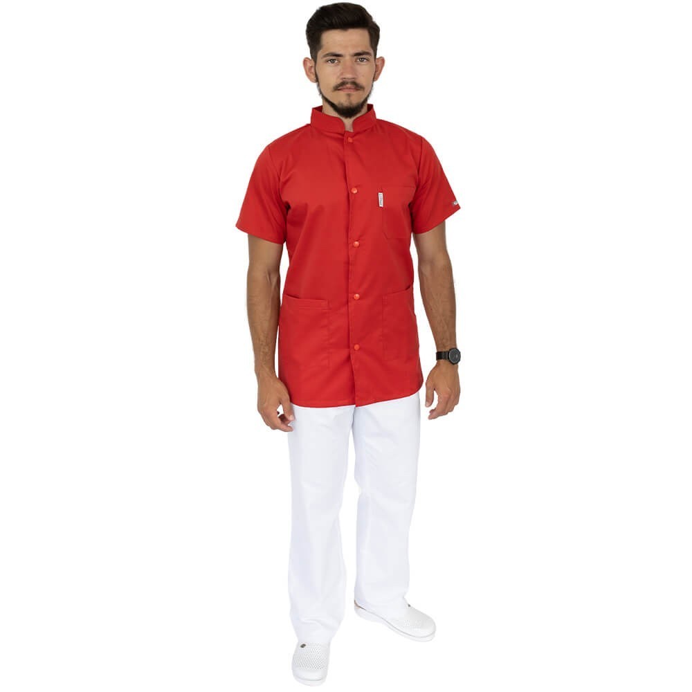 Bluza barbati cu guler tunica, maneca scurta, Lotus 2, rosu