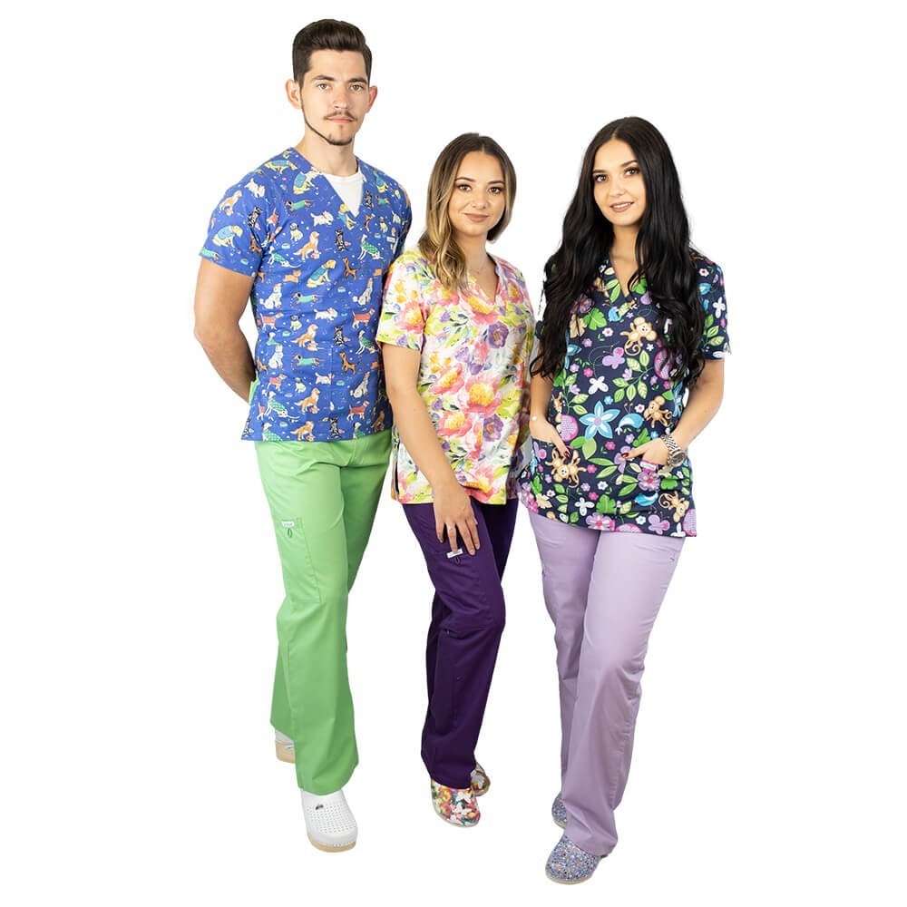 Bluza medicala imprimata Lotus 1, cu buzunar, Puppies