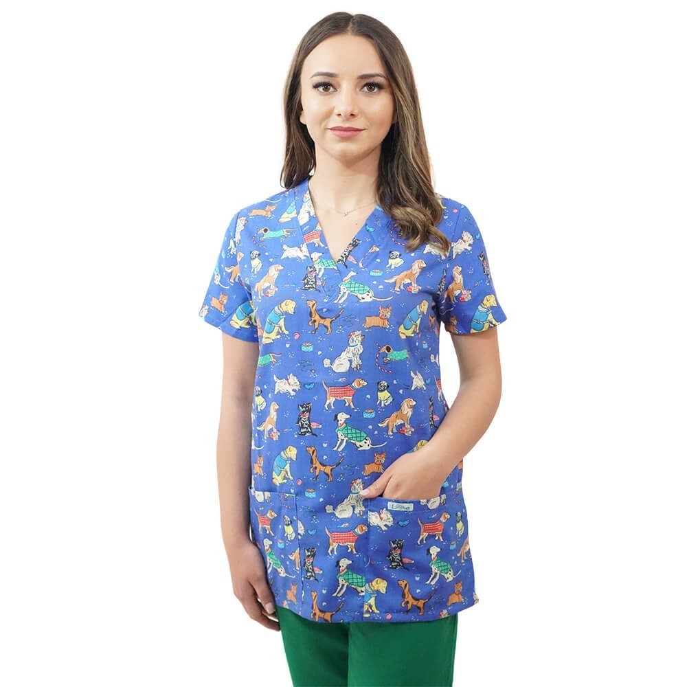 Bluza medicala imprimata Lotus 1, cu buzunar, Puppies