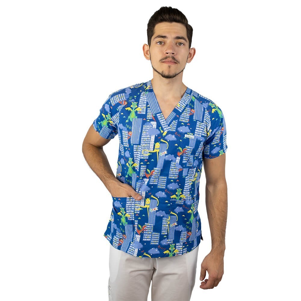 Bluza medicala imprimata Lotus 1, cu buzunar, Dino City