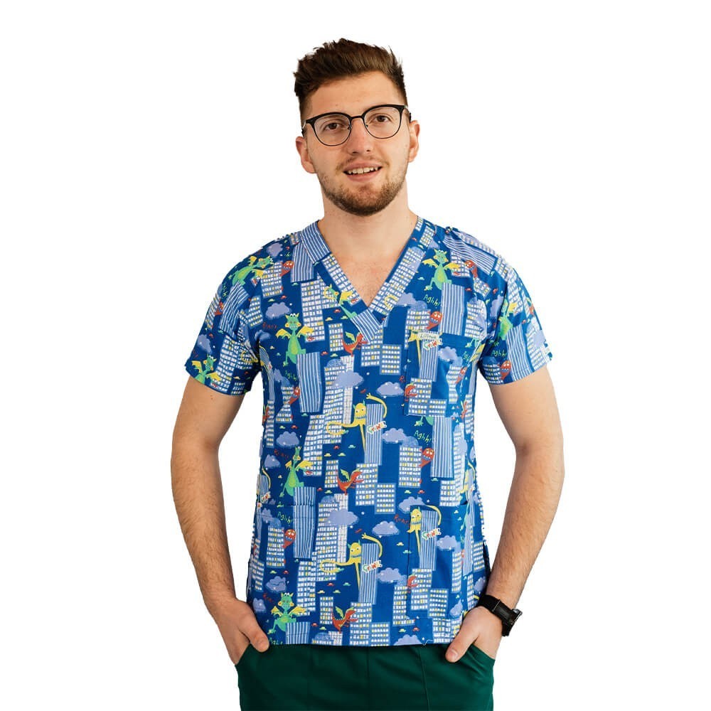 Bluza medicala imprimata Lotus 1, cu buzunar, Dino City