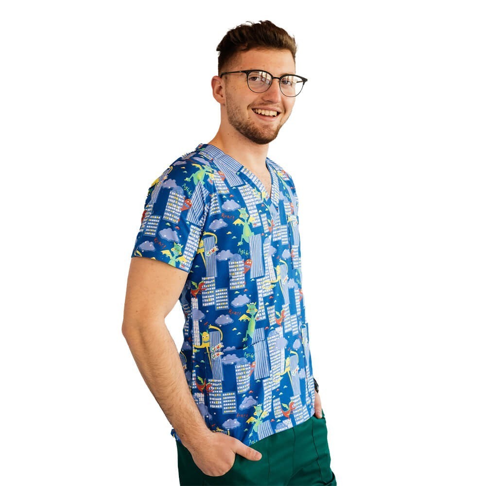 Bluza medicala imprimata Lotus 1, cu buzunar, Dino City