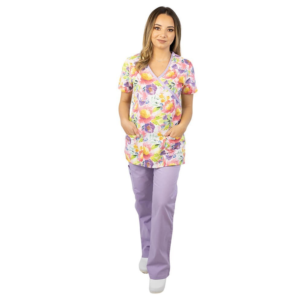Bluza medicala imprimata Lotus 1, guler asimetric, Pastel