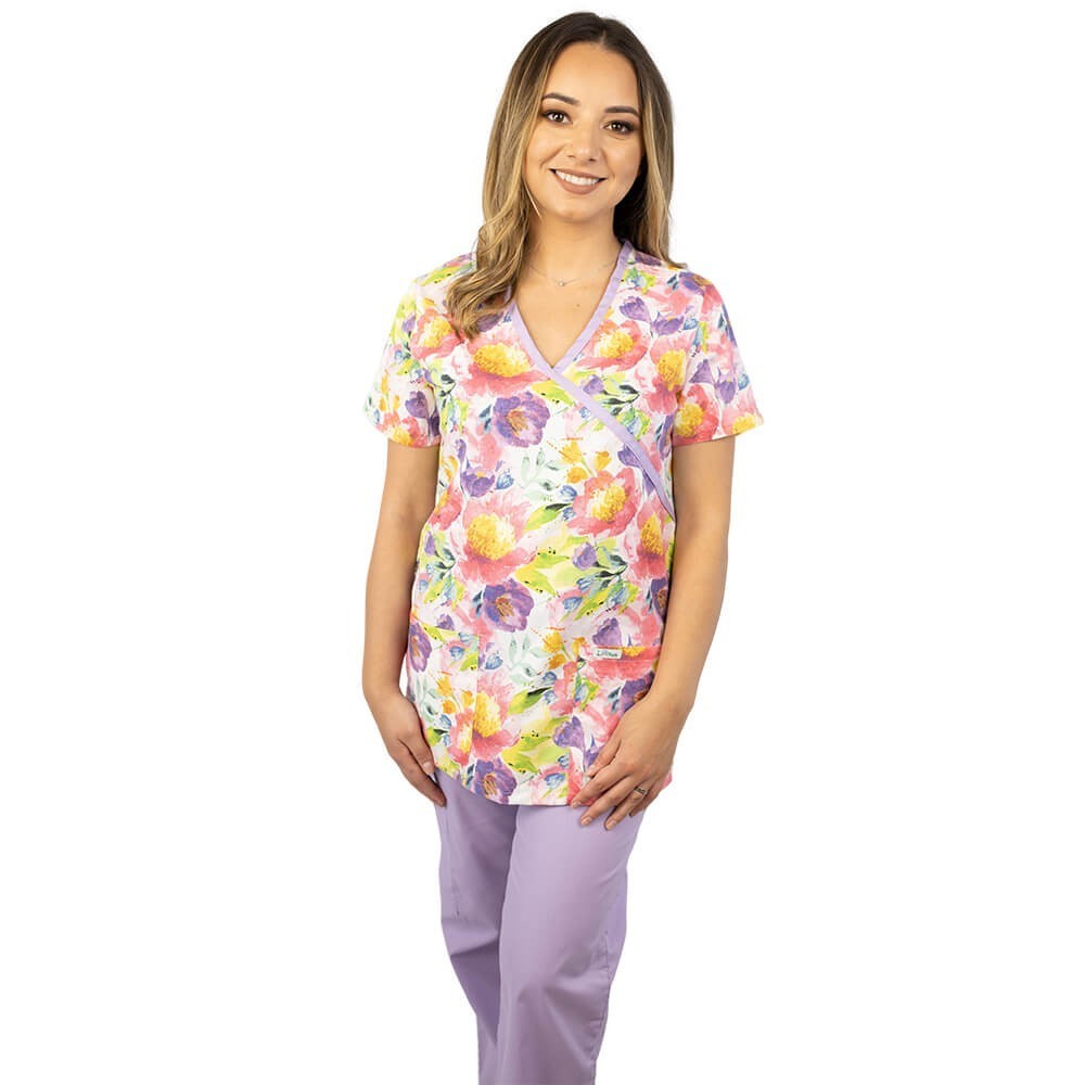 Bluza medicala imprimata Lotus 1, guler asimetric, Pastel