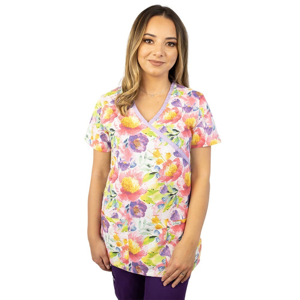 Bluza medicala imprimata Lotus 1, guler asimetric, Pastel