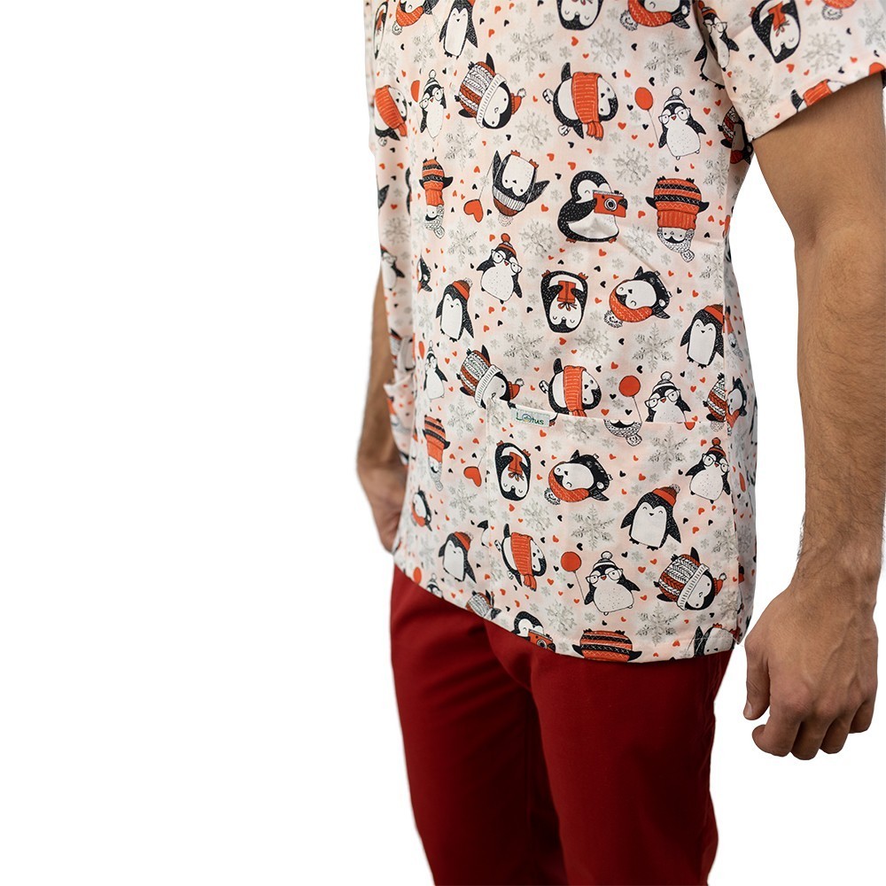 Bluza medicala imprimata Lotus 1, editie speciala de Craciun, Penguin