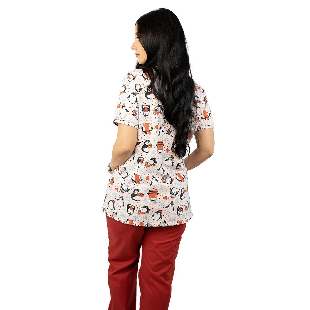 Bluza medicala imprimata Lotus 1, editie speciala de Craciun, Penguin