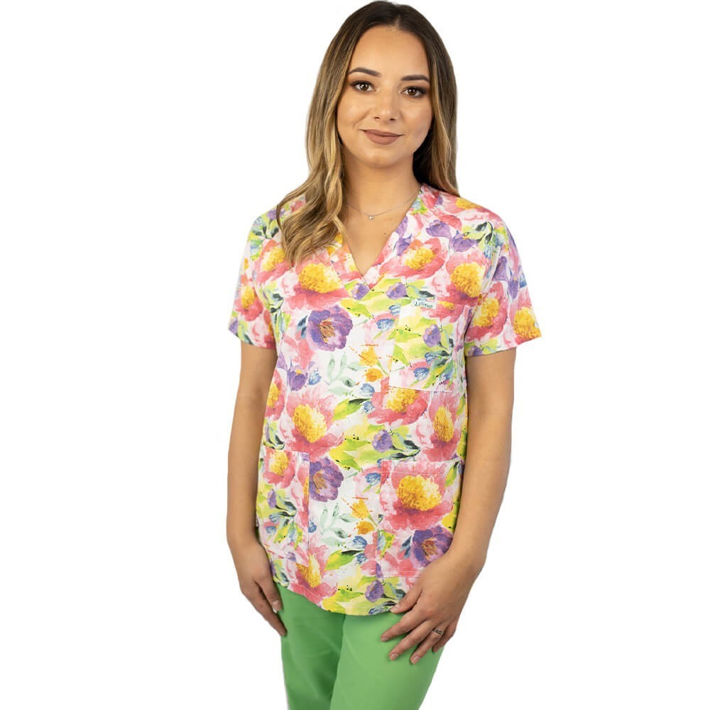 Bluza medicala imprimata Lotus 1, guler in V, Pastel