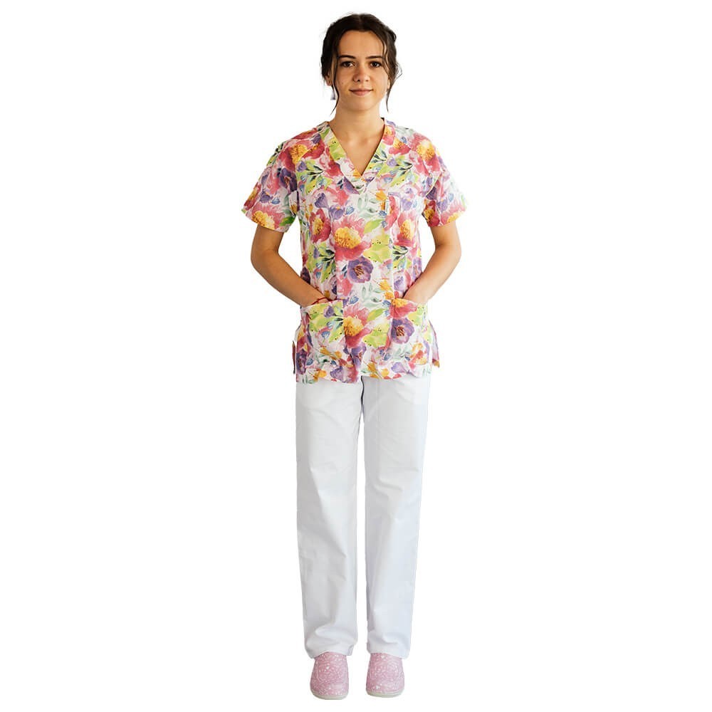 Bluza medicala imprimata Lotus 1, guler in V, Pastel