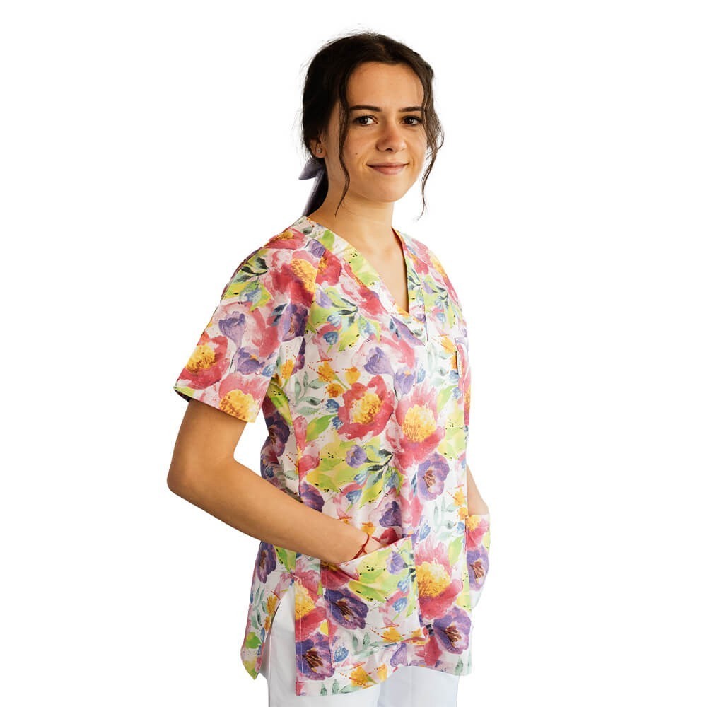 Bluza medicala imprimata Lotus 1, guler in V, Pastel
