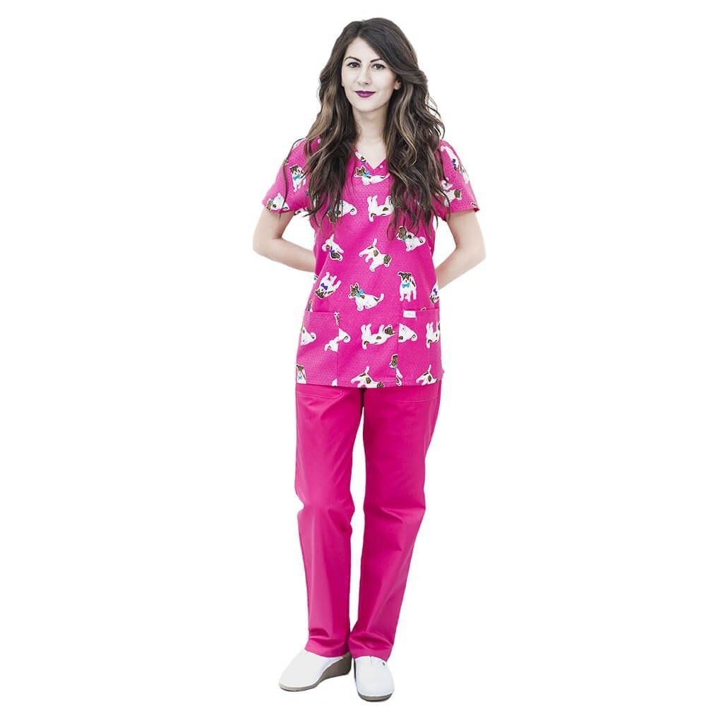 Bluza medicala imprimata Lotus 1, Polka Dot Dog