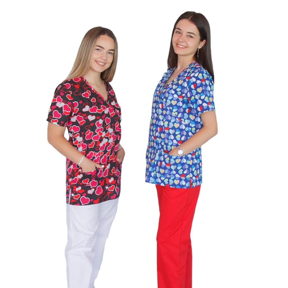 Bluza medicala imprimata, bumbac si elastan, Winning Hearts