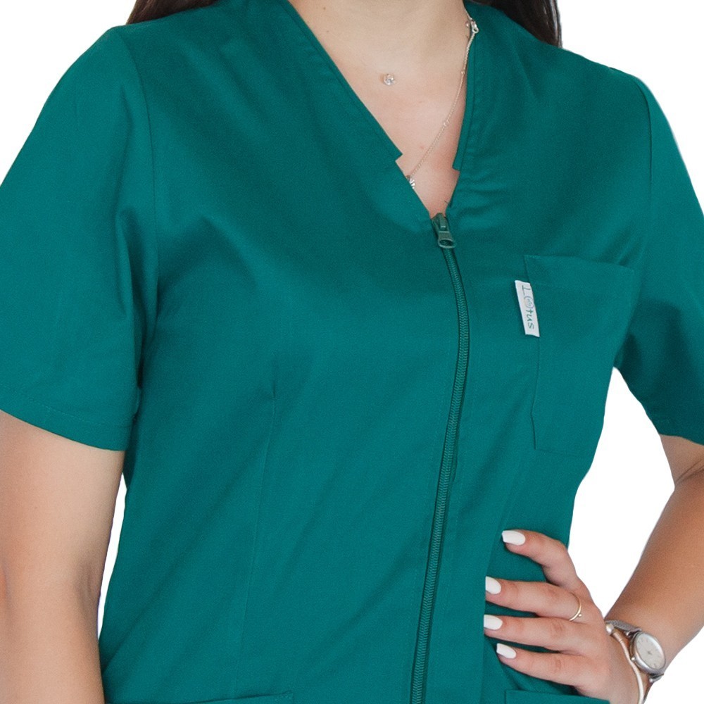 Bluza in V cu fermoar si maneca scurta, Lotus 1, verde hunter