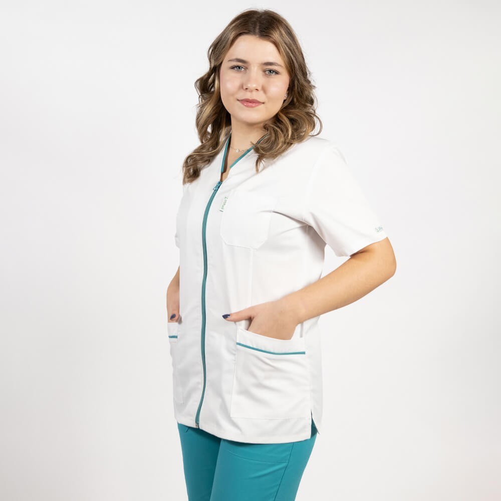 Bluza in V cu fermoar, maneca scurta si paspol turcoaz, Lotus 2, alb