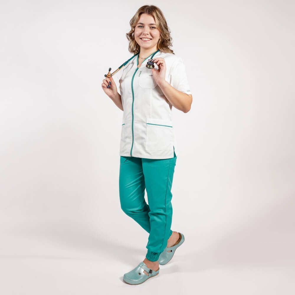 Costum Lotus 2, bluza cu fermoar si paspol, pantaloni cu elastic si manseta, alb/turcoaz