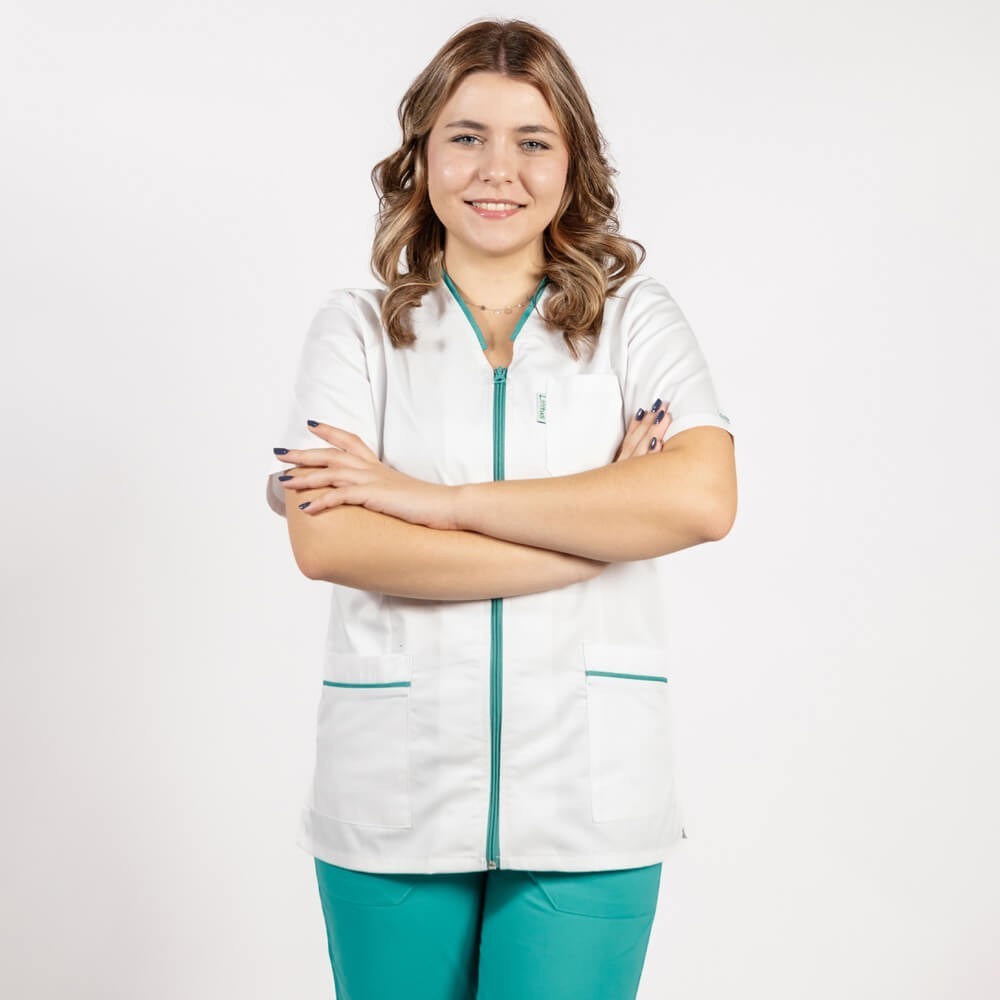 Costum Lotus 2, bluza cu fermoar si paspol, pantaloni cu elastic si manseta, alb/turcoaz