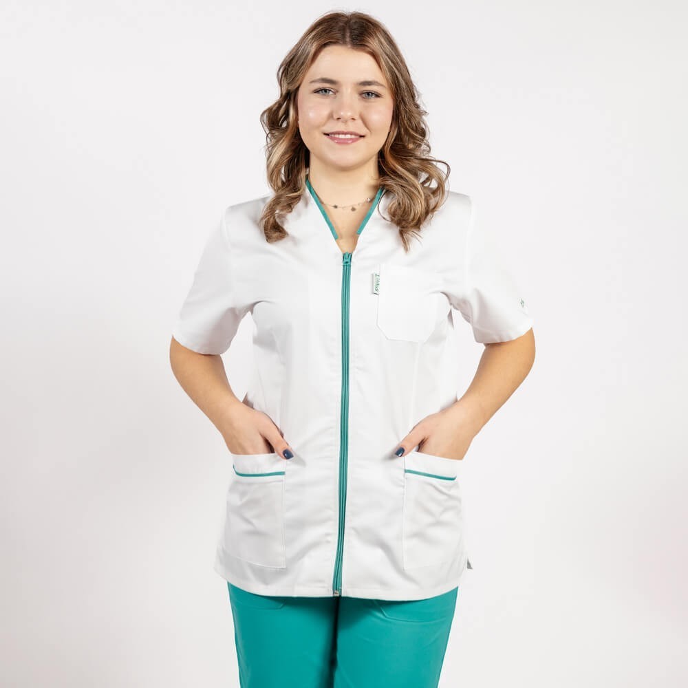 Costum Lotus 2, bluza cu fermoar si paspol, pantaloni cu elastic si manseta, alb/turcoaz