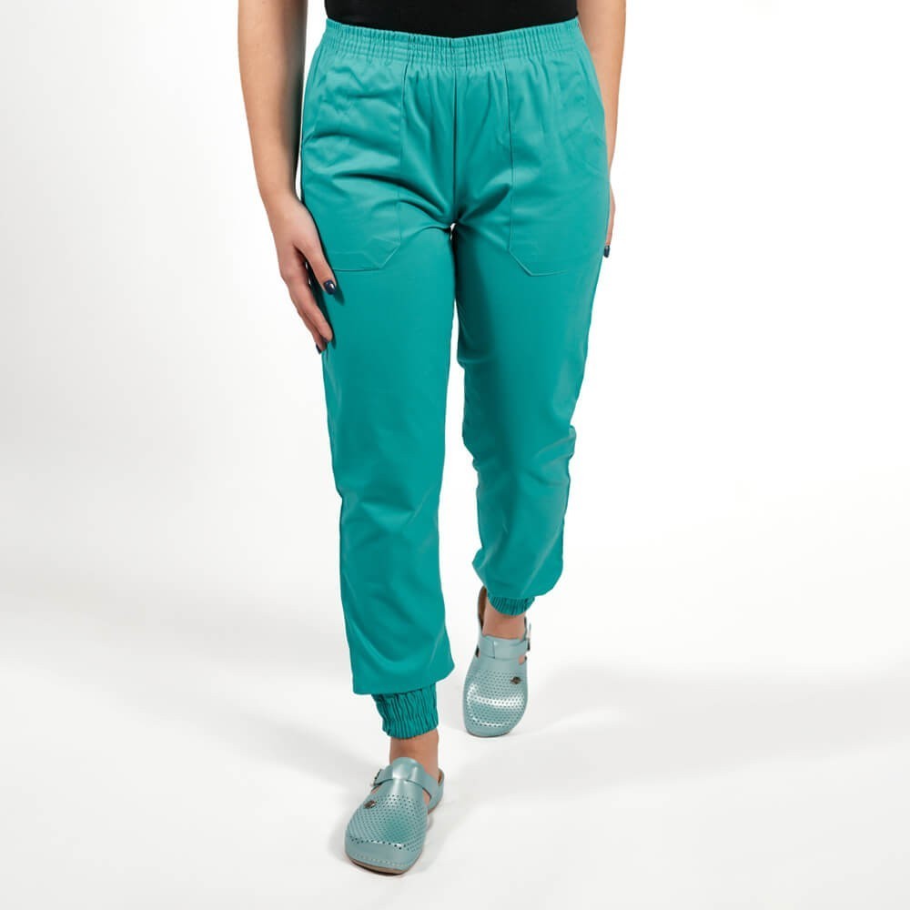 Costum Lotus 2, bluza cu fermoar si paspol, pantaloni cu elastic si manseta, alb/turcoaz