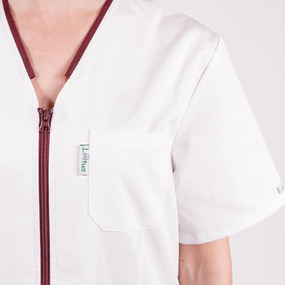 Bluza in V cu fermoar, maneca scurta si paspol visiniu, Lotus 2, alb