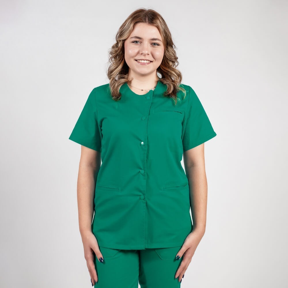 Costum Lotus 2, bluza asimetrica cu capse, pantaloni cu elastic in talie si manseta, verde hunter