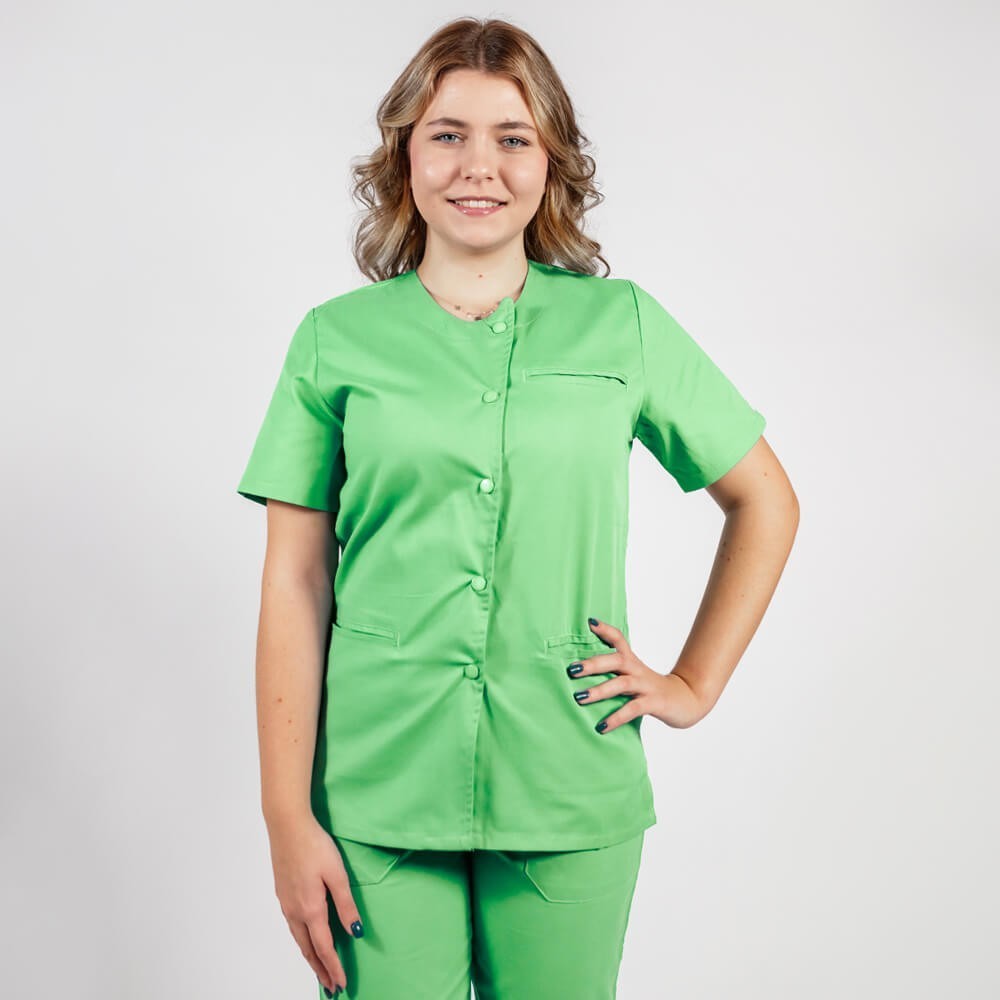 Costum Lotus 2, bluza asimetrica cu capse, pantaloni cu elastic in talie si manseta, verde island