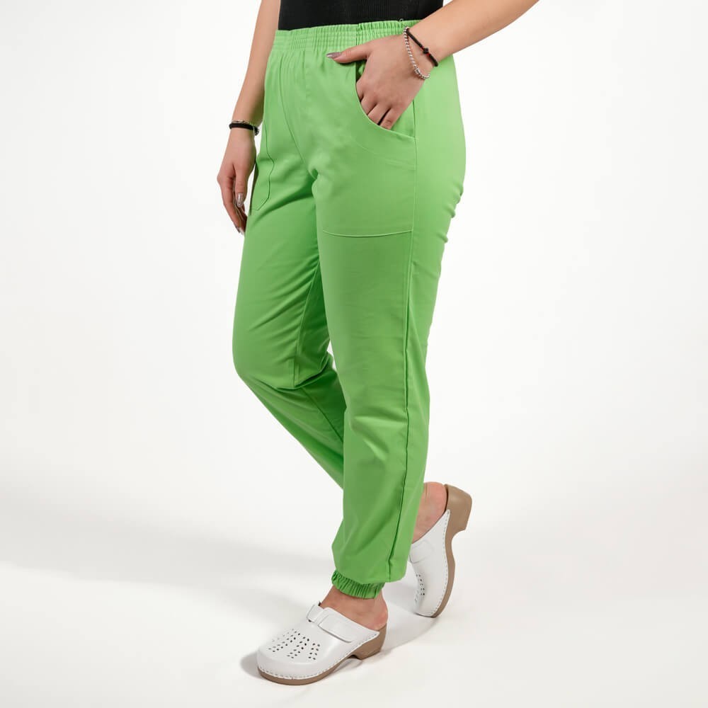 Costum Lotus 2, bluza asimetrica cu capse, pantaloni cu elastic in talie si manseta, verde island