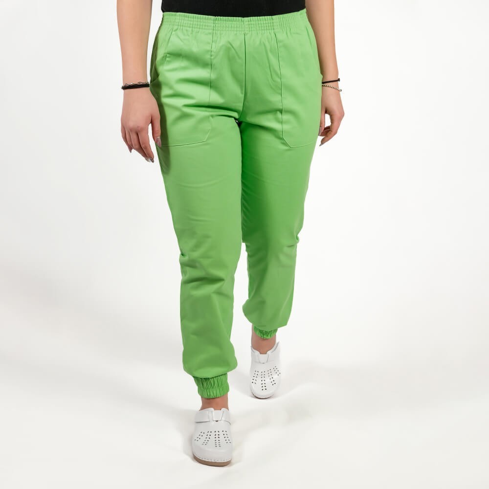Costum Lotus 2, bluza asimetrica cu capse, pantaloni cu elastic in talie si manseta, verde island
