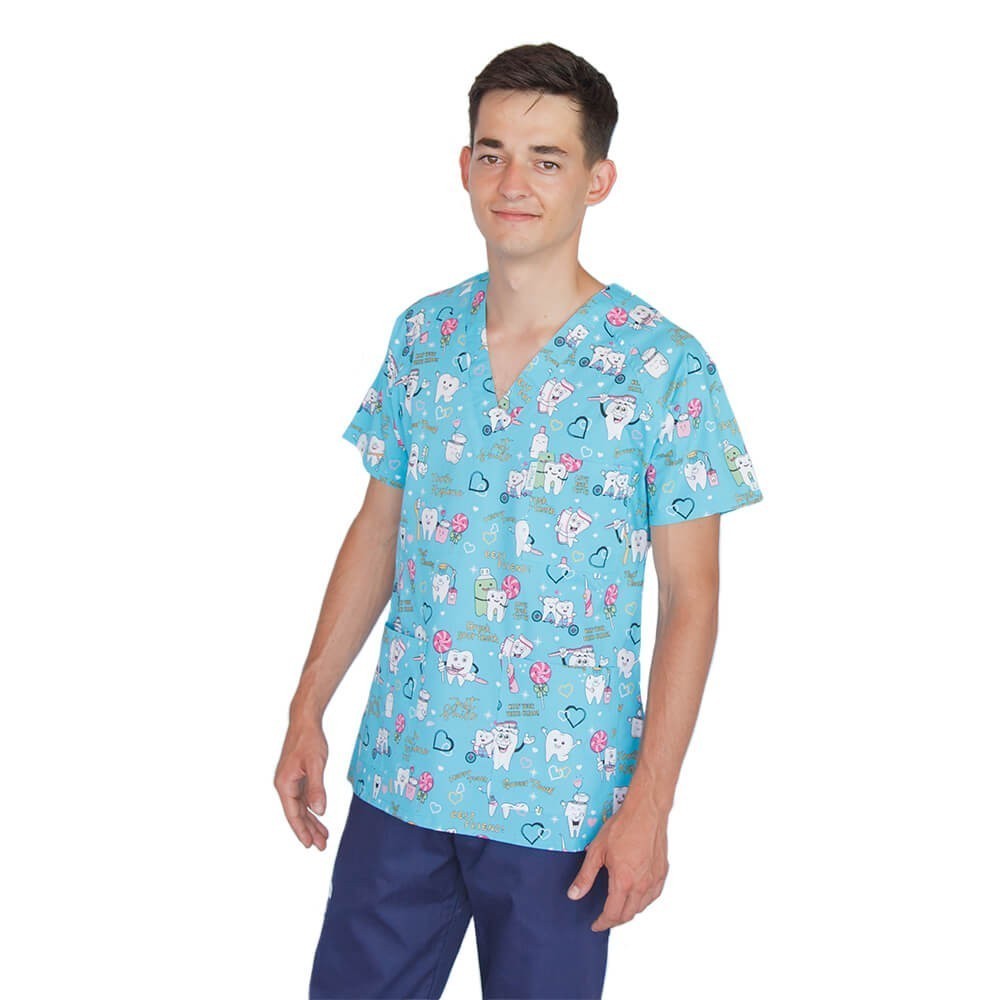 Bluza medicala imprimata, bumbac si elastan, guler in V, Twice a day