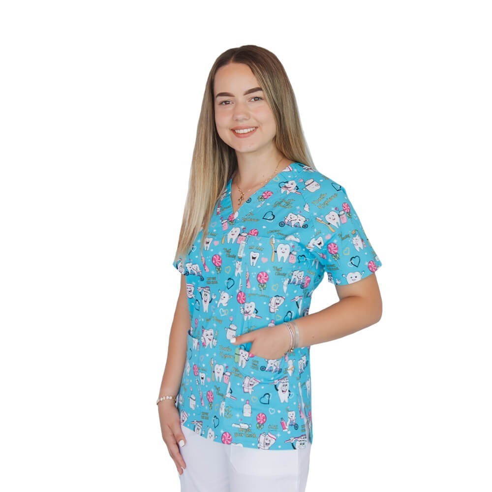 Bluza medicala imprimata Lotus 1, guler in V, Twice a day