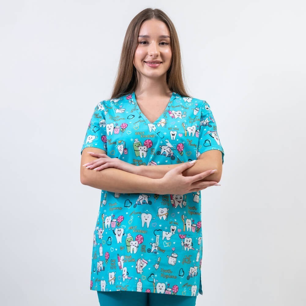 Bluza medicala imprimata Lotus 1, guler asimetric, Twice a day