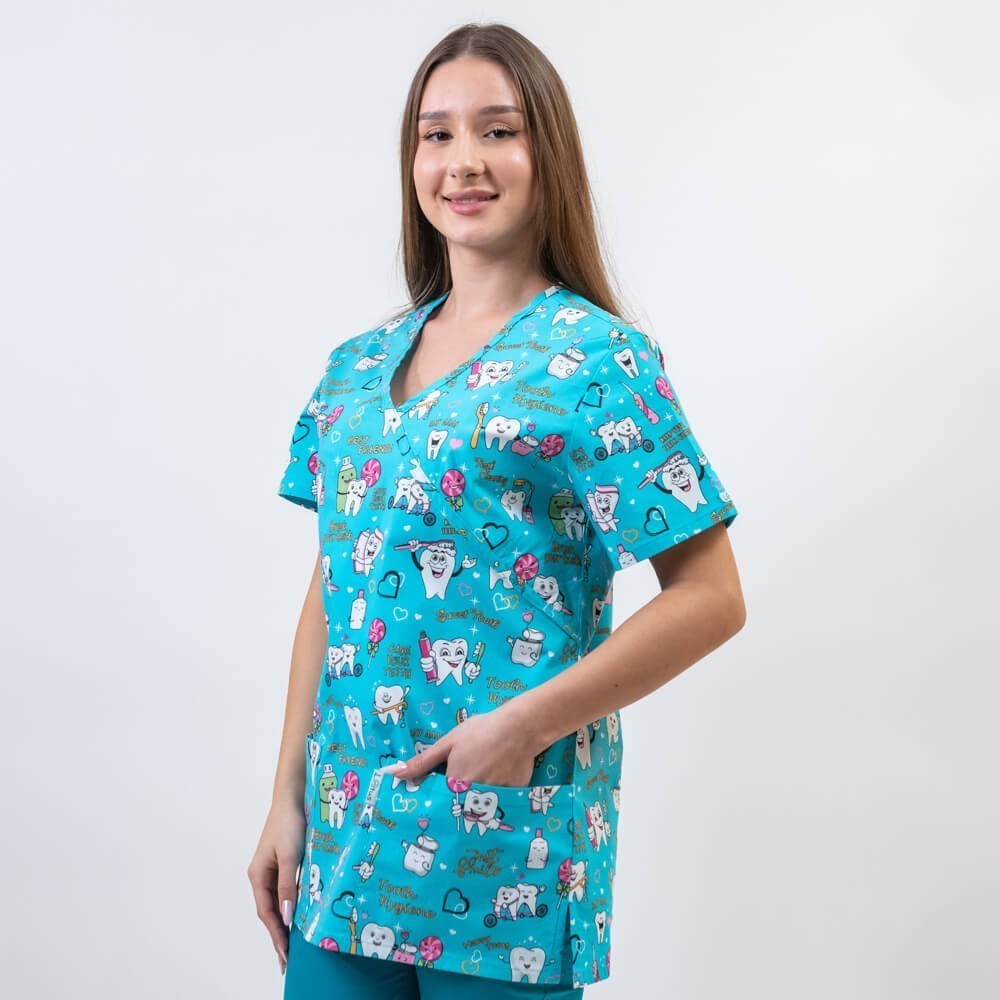 Bluza medicala imprimata Lotus 1, guler asimetric, Twice a day