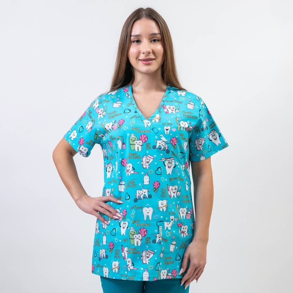 Bluza medicala imprimata Lotus 1, guler asimetric, Twice a day