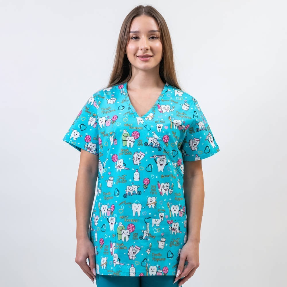 Bluza medicala imprimata Lotus 1, guler asimetric, Twice a day