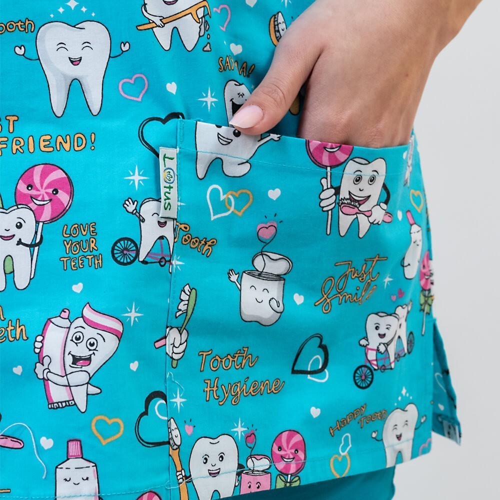 Bluza medicala imprimata Lotus 1, guler asimetric, Twice a day