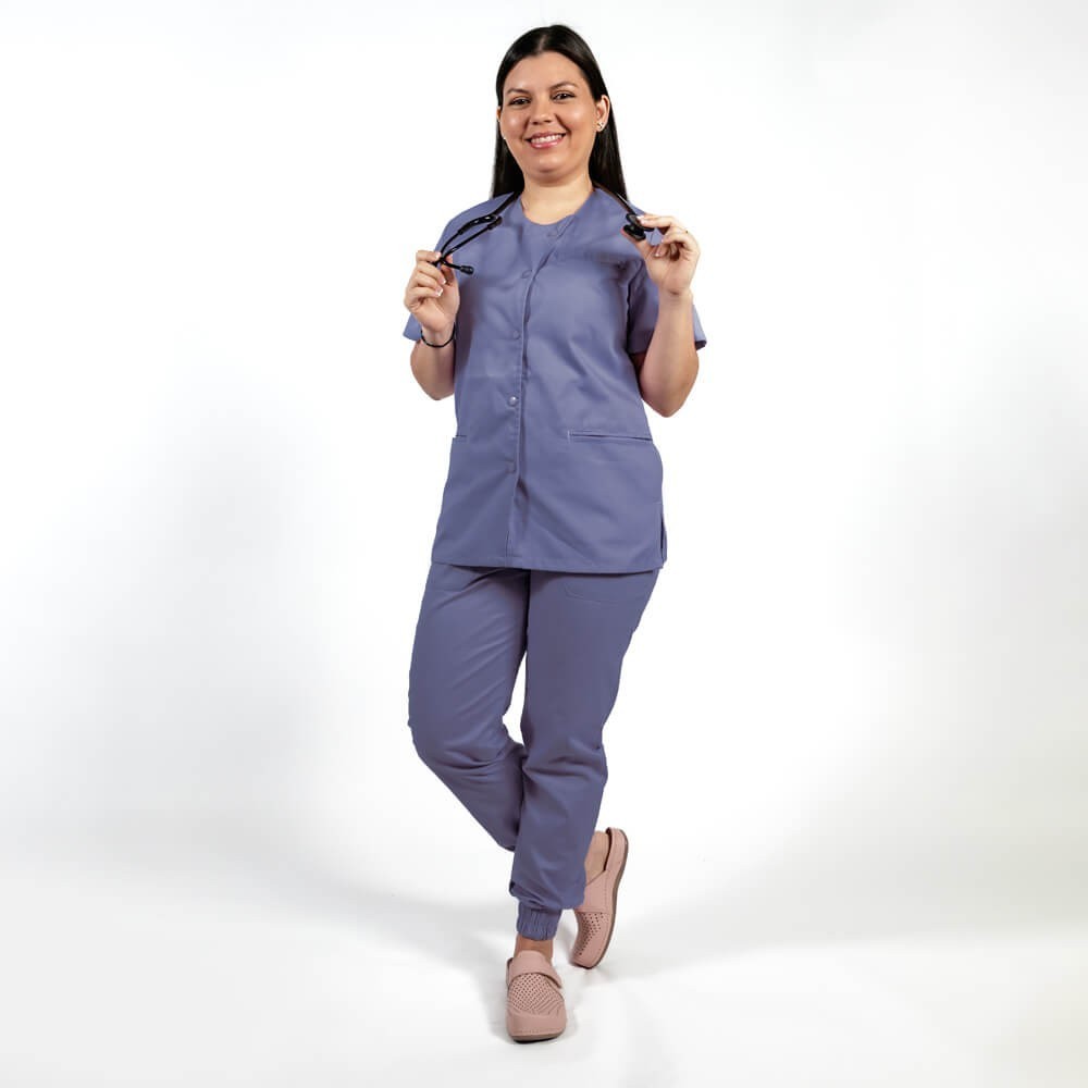 Costum Lotus 2, bluza asimetrica cu capse, pantaloni cu elastic in talie si manseta, indigo