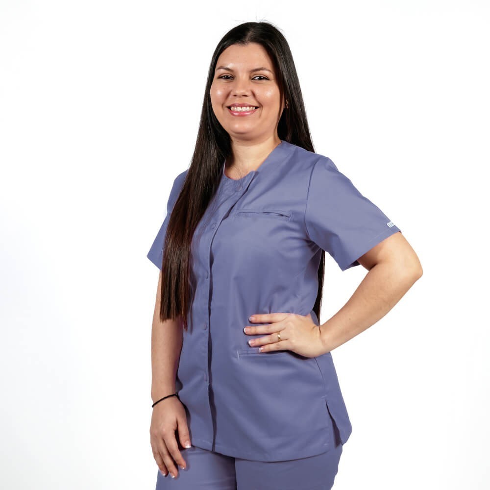 Costum Lotus 2, bluza asimetrica cu capse, pantaloni cu elastic in talie si manseta, indigo