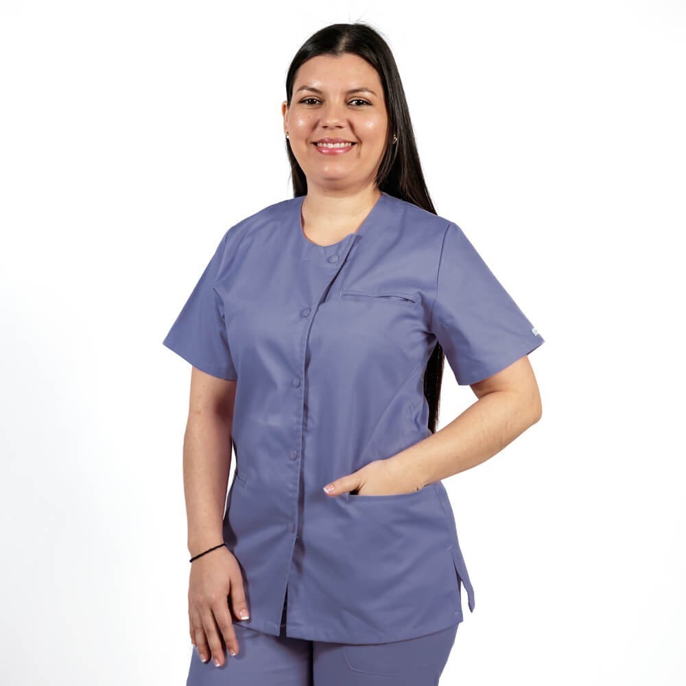 Costum Lotus 2, bluza asimetrica cu capse, pantaloni cu elastic in talie si manseta, indigo