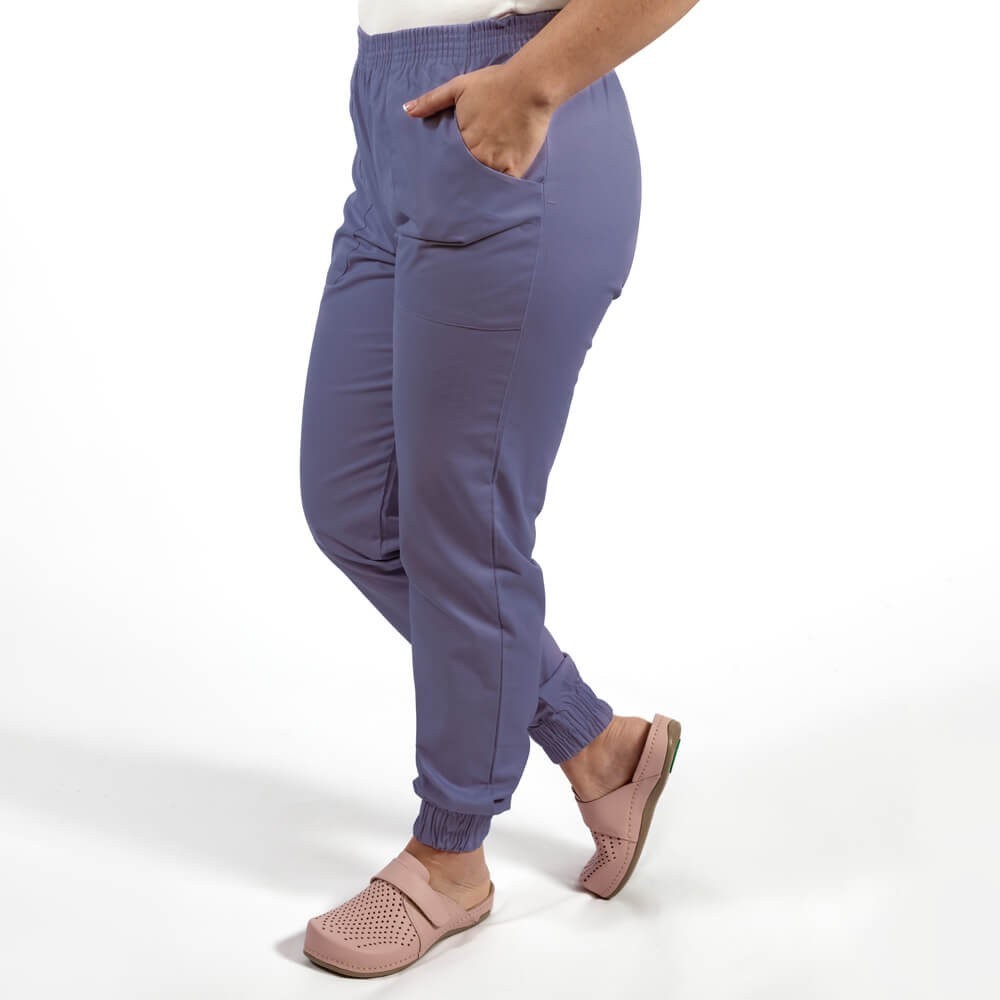 Costum Lotus 2, bluza asimetrica cu capse, pantaloni cu elastic in talie si manseta, indigo