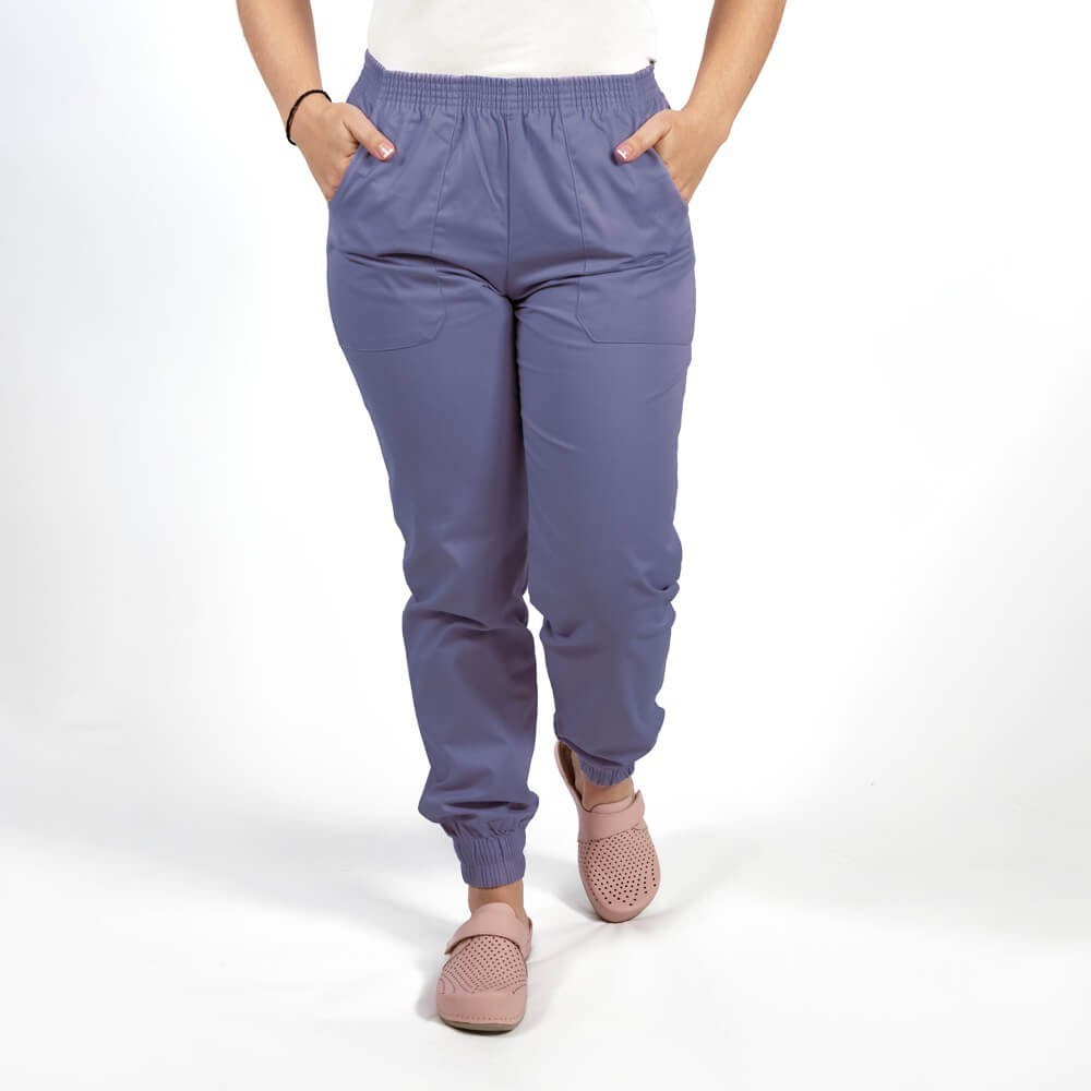 Costum Lotus 2, bluza asimetrica cu capse, pantaloni cu elastic in talie si manseta, indigo