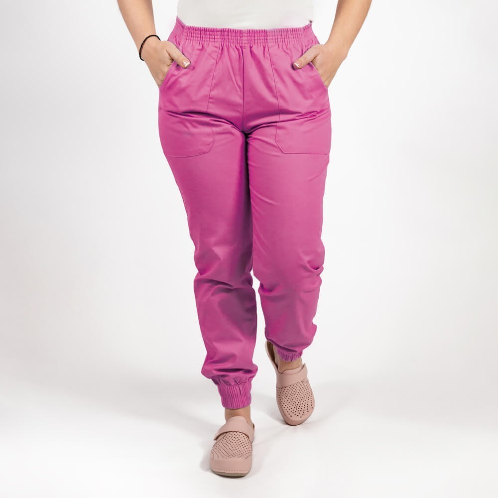 Costum Lotus 2, bluza asimetrica cu capse, pantaloni cu elastic in talie si manseta, fucsia