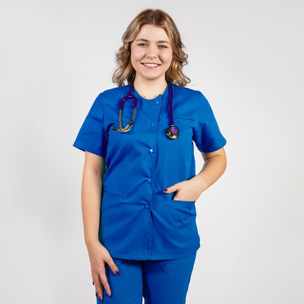 Costum Lotus 2, bluza asimetrica cu capse, pantaloni cu elastic in talie si manseta, albastru royal