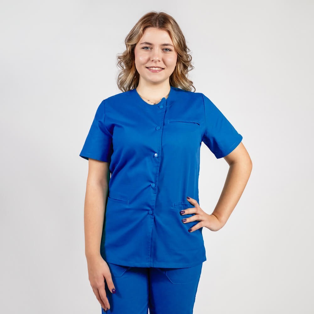 Costum Lotus 2, bluza asimetrica cu capse, pantaloni cu elastic in talie si manseta, albastru royal