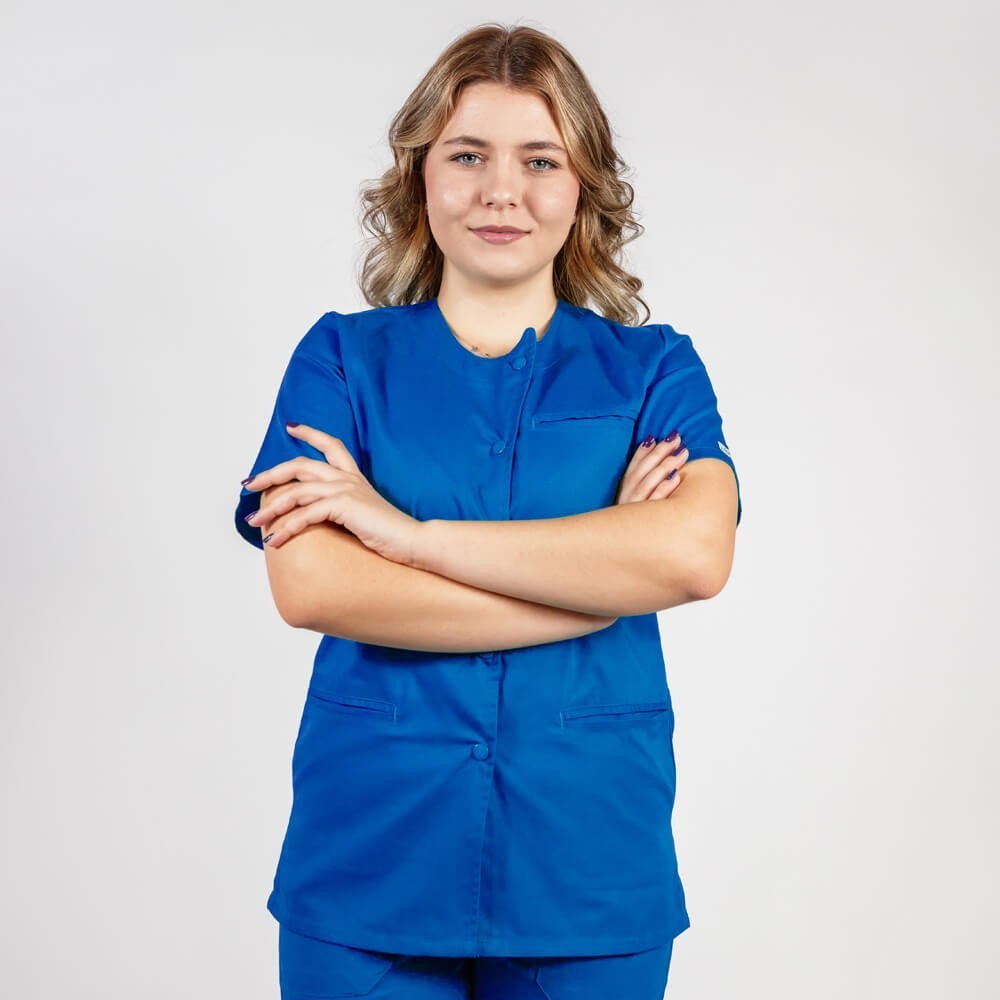 Costum Lotus 2, bluza asimetrica cu capse, pantaloni cu elastic in talie si manseta, albastru royal