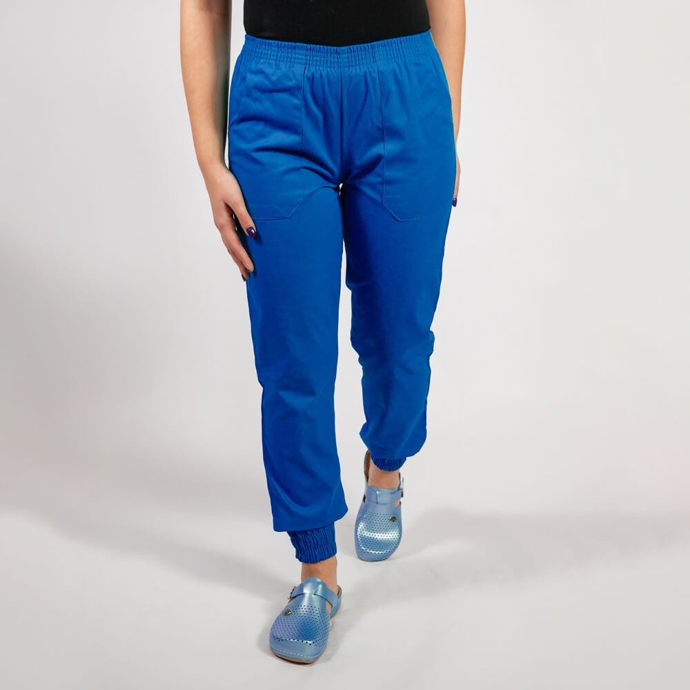 Costum Lotus 2, bluza asimetrica cu capse, pantaloni cu elastic in talie si manseta, albastru royal