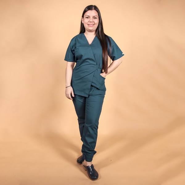 Costum Lotus 1, bluza kimono, pantaloni cu elastic in talie si manseta, turcoaz inchis