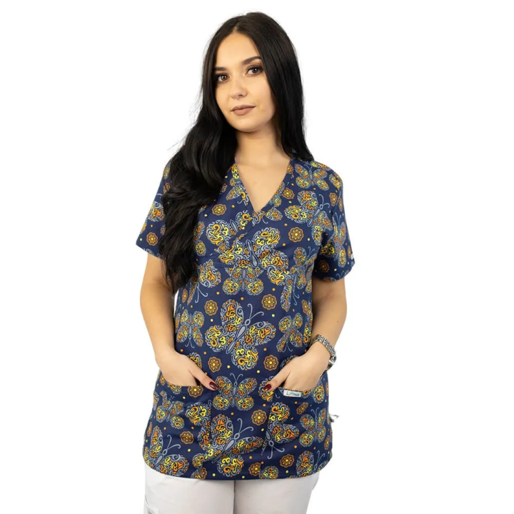 Bluza medicala imprimata Lotus 1, guler asimetric, Tribal Butterfly - imagine 1
