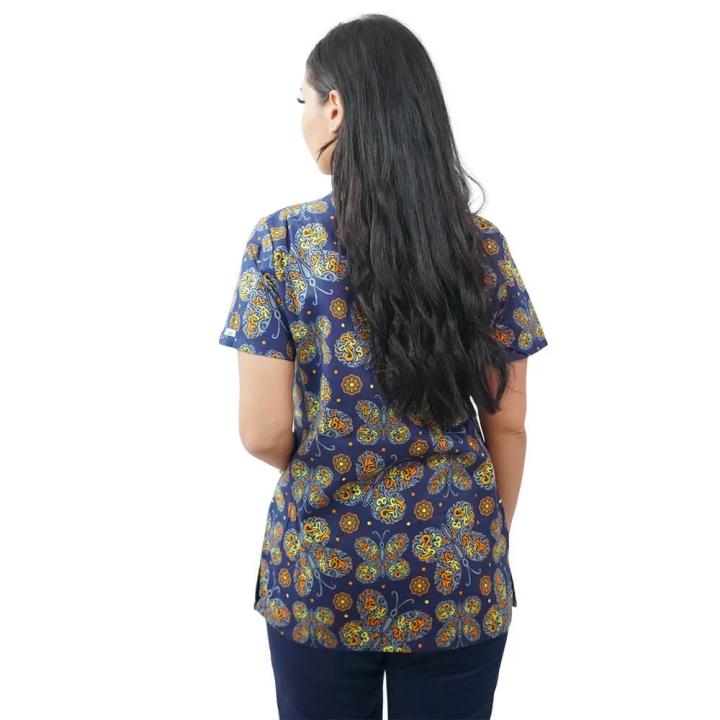 Bluza medicala imprimata Lotus 1, guler asimetric, Tribal Butterfly - imagine 4